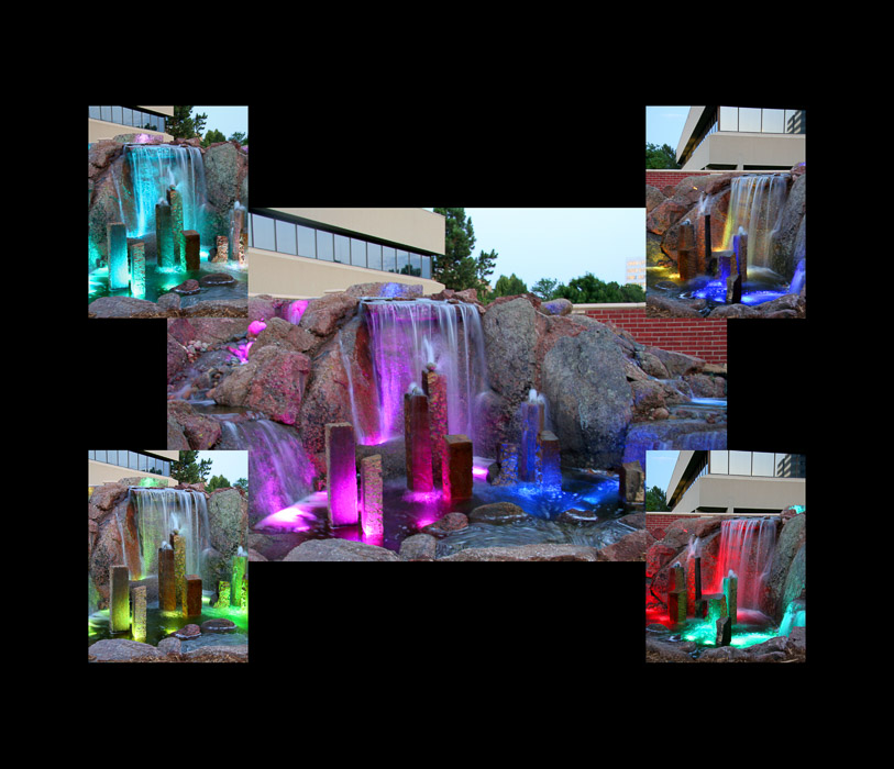 Water feature with colored lights.